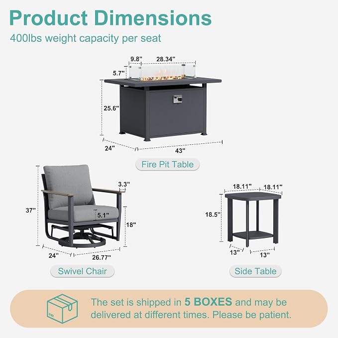 10Pcs Patio Rocking Swivel Chair with 55,000 BTU Fire Pit Table Outdoor Aluminum Bistro Set with Coffee Table, Patio Furniture Set with High Backrest & Thickened Cushions, Grey