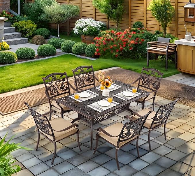 7 Piece Strawberry Outdoor Dining Set Cast Aluminum Retro Patio Dining Set for 6 Includes 59” Rectangular Table and 6 Chairs with Thicker Cushions and Umbrella Hole for Patio Deck Garden