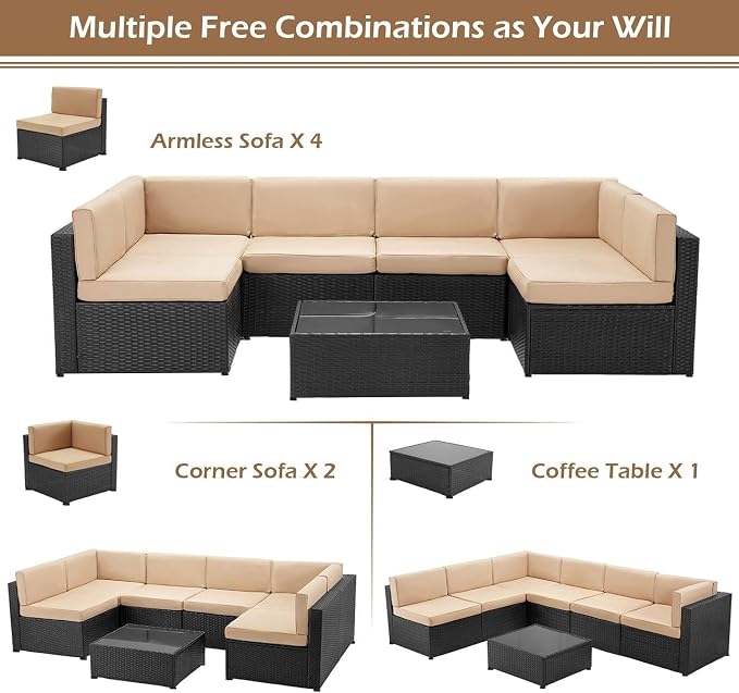 7-Piece PE Rattan Patio Furniture Set with Outdoor Wicker Sectional Sofa and Chairs with Tea Table for Backyard, Garden, Porch, or Deck Conversation Lounge(Blue)