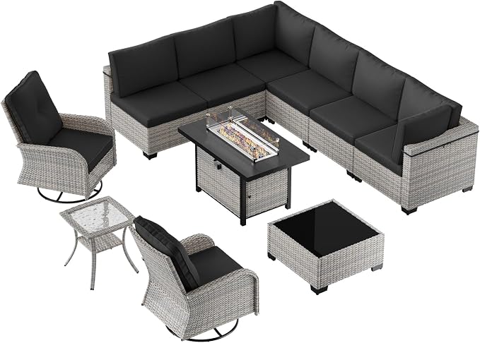 11-Piece Patio Furniture Set, Outdoor Patio Furniture with 55,000 BTU Fire Pit Table, Swivel Chairs Set, Thick Cushions, Modular Patio Sofa, Dual-Strand Wicker Rattan, Rust-Resistant Frame, Black