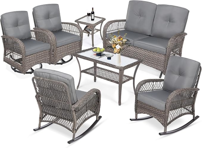MEETWARM 7 Pieces Outdoor Patio Rattan Furniture Sets, All Weather Patio Wicker Conversation Set- 2 Rocking Chairs, 2 Swivel Chairs, 1 Loveseat Glider w/Cushions, 2 Glass-Top Coffee Table, Gray