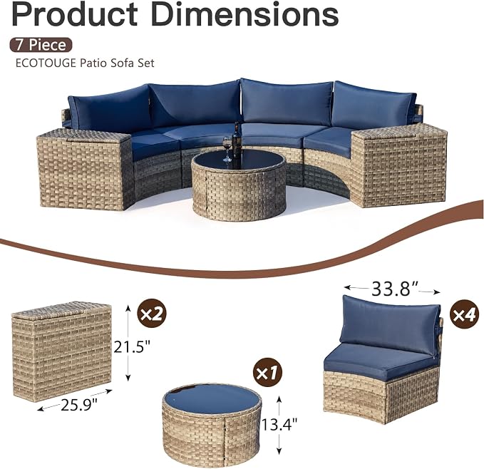 ECOTOUGE 9-Piece Half-Moon Curved Patio Furniture Set with Fire Pit Table, Wicker Rattan Sectional Sofa with Thick Cushions, Outdoor Conversation Set for Backyard Garden with Tank Cover(Blue, White)
