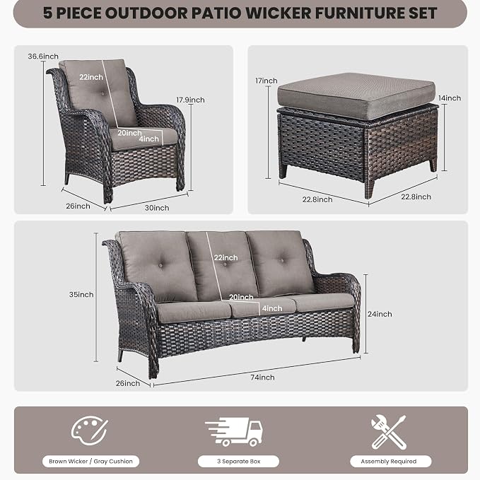 Belord Outdoor Wicker Furniture 5 Pieces Patio Furniture Sofa Set Patio Wicker Chairs with Ottomans Conversation Set for Porch Garden Deck Balcony Poolside