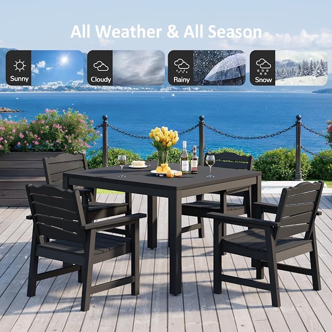 5-Piece Patio Dining Sets, Outdoor Dining Table w/Aluminum Frame and 4 Chairs, Weatherproof HIPS Dining Furniture Set with Umbrella Hole, for Backyard, Garden, Lawn, and Poolside, Black