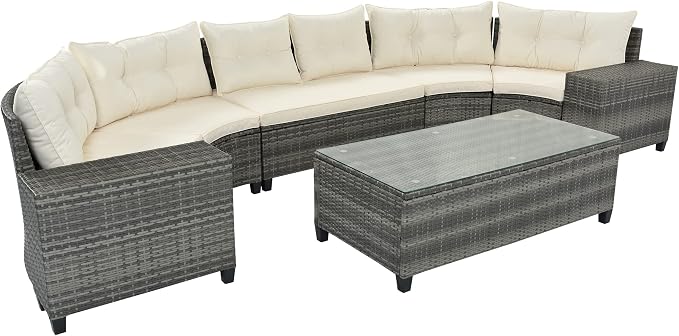 LUMISOL 8 Piece Half Moon Curved Wicker Patio Furniture Set, All Weather Outdoor Conversation Sofa Set with Coffee Side Tables, Garden Backyard Porch Decor, Beige