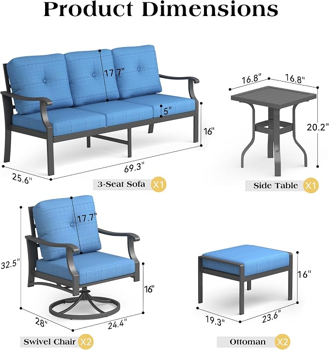 9 Piece Patio Conversation Set, Outdoor Metal Furniture Set w/Rocking Swivel Chairs, 3-Seat Sofa, Ottomans and Coffee Side Table, 5" Thickened Cushions for Backyard, Poolside, Blue