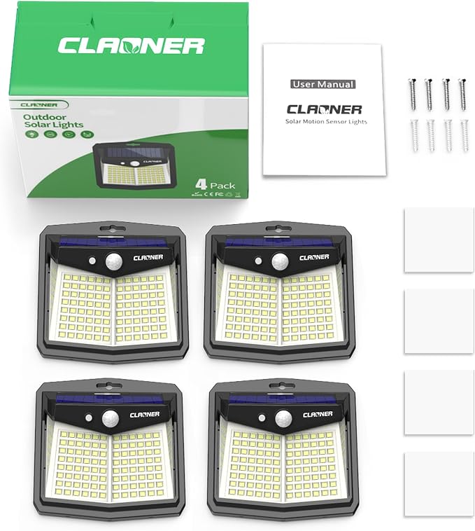 CLAONER Solar Lights Outdoor, [128 LED/4 Packs] Solar Motion Sensor Lights 3 Working Modes Outdoor Lights with 270° Wide Angle Wireless IP65 Waterproof Security Light for Fence Patio, Cold White