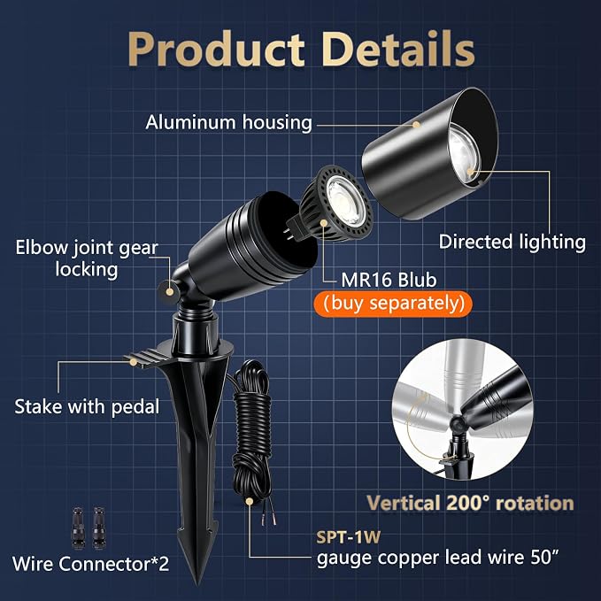 Low Voltage Landscape Spotlights, Aluminum Outdoor Spot Light | Heavy Duty,Without MR16 Bulb,12V Uplights,Waterproof,200°Adjustable, Landscape Lighting for Tree Garden Yard Pathway,6 Pack