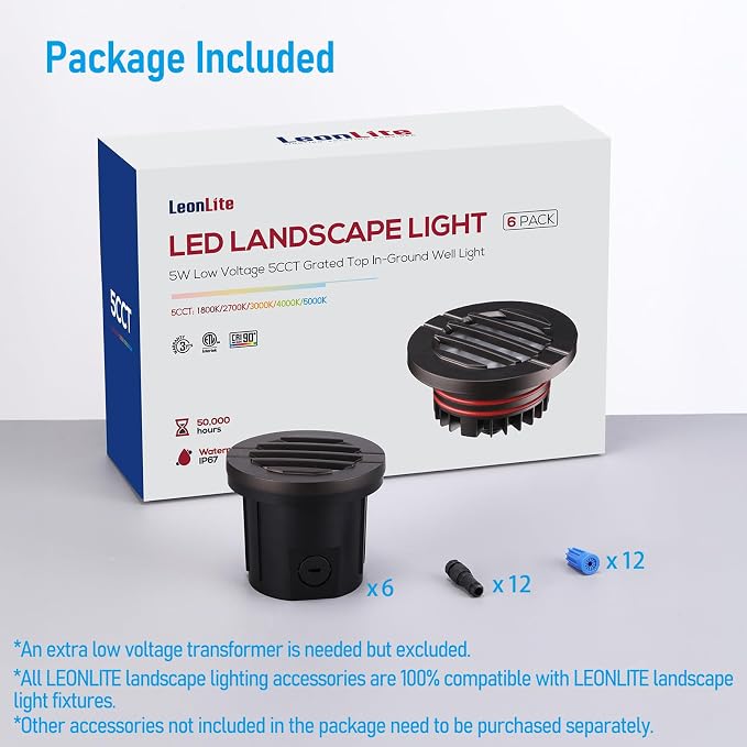 LEONLITE 6-Pack Dia. 4 Inch 5CCT Well Light Grated Top Oil Rubbed Bronze | 12-24V AC/DC, CRI90, 1800K/2700K/3500K/4000K/5000K, Landscape LED In Ground Outdoor, Low Voltage Garden Landscaping, Aluminum