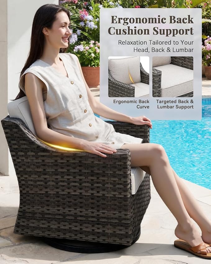 Luxury Outdoor Swivel Rocking Chair, Easy Assembly Patio Rocker for Porch Deck Balcony Yard Poolside in Gray Wicker and Beige Cushion