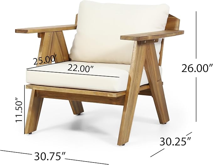 Christopher Knight Home Dina 4-Piece Patio Furniture Set, Acacia Wood Outdoor Conversation Set with Coffee Table, Outdoor 3-Seater Sofa and Club Chairs Set with Cushions for Backyard, Teak+Beige