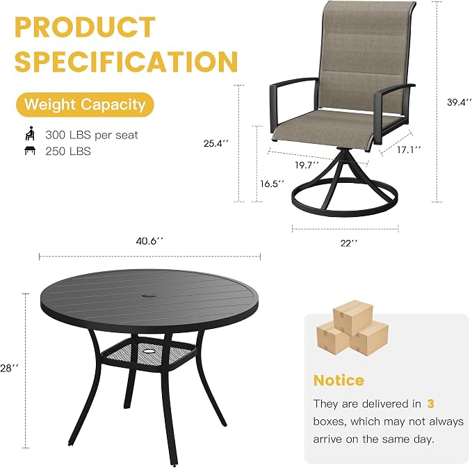 VICLLAX Patio Dining Set for 4, 5 Pieces Outdoor Furniture Set- 40.7" Round Outdoor Table and Swivel Padded Chairs, Black Tabletop and Mixed Brown Fabric