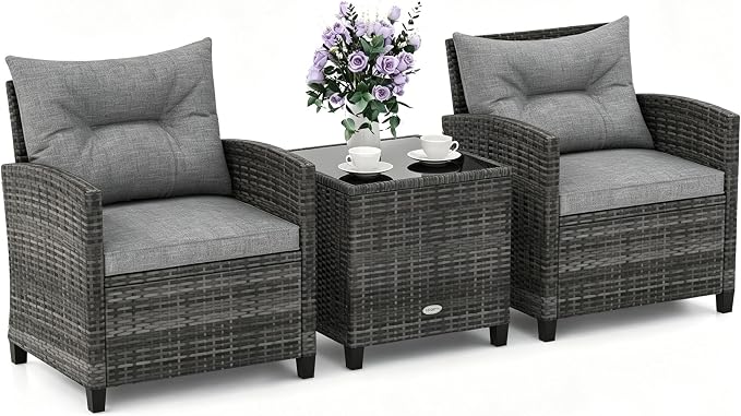 ORALNER Patio Furniture Set, 3 Pieces Outdoor Wicker Conversation Set, Rattan Chairs with Soft Cushions, Glass Coffee Table, Patio Bistro Set for Balcony Garden Deck Front Porch Poolside (Gray)