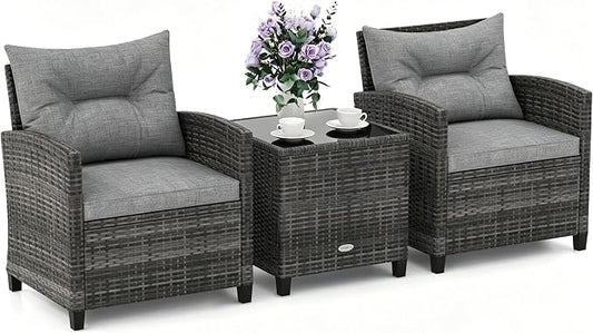 ORALNER Patio Furniture Set, 3 Pieces Outdoor Wicker Conversation Set, Rattan Chairs with Soft Cushions, Glass Coffee Table, Patio Bistro Set for Balcony Garden Deck Front Porch Poolside (Gray)