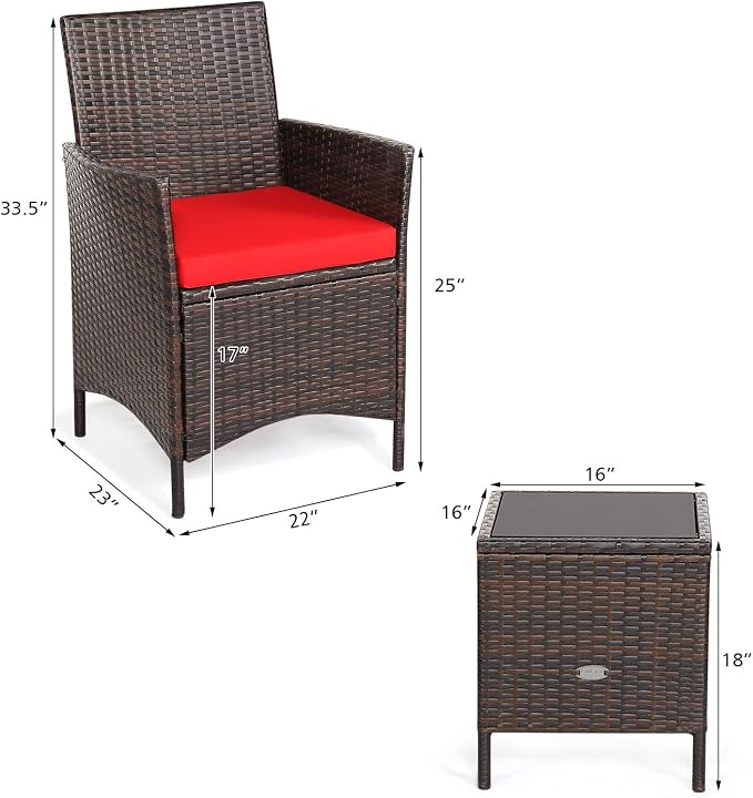 RELAX4LIFE 3 Pieces Patio Rattan Furniture Set with Glass Coffee Table & Cushions Outdoor Conversation Set for Poolside Balcony Backyard Lawn Porch 3 Pieces PE Rattan Patio Set (Red)