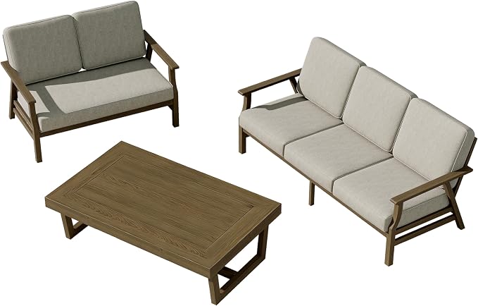 3 Pieces Patio Furniture Sets, Teak Wood Outdoor Sectional Furniture with Coffee Table, 5 Seats Patio Sofa Couch Conversation Set for Backyard Deck - Light Camel