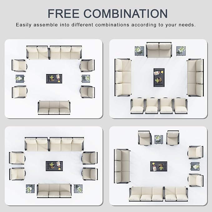 10 Pieces Patio Furniture Set, Metal Outdoor Conversation Sets with Swivel Chairs, Modern Couch Sofa Seating Group with Coffee Table and Side Table (Thick Beige Cushions)