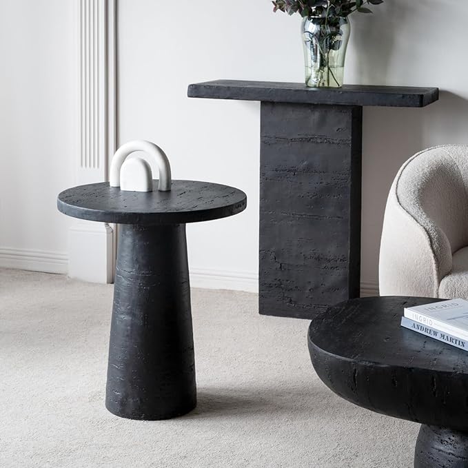 Faux Stone Side Table Round End Table Patio Small Drink Table for Small Spaces, Modern Circle Pedestal End Tables Nightstand for Living Room Bedroom Corners Office (Black)