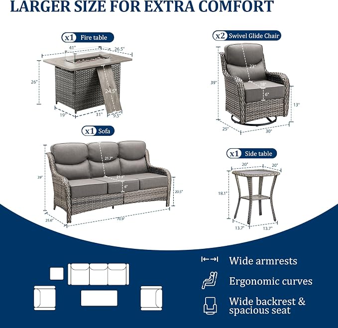 Luxury Swivel Rocker Chairs Fire Pit Table Set with 6" Thick Cushion 5 piece Wicker Outdoor Patio Chair with Sofa,Comfortable High Back Outdoor Patio Furniture Set - Gery | Gery
