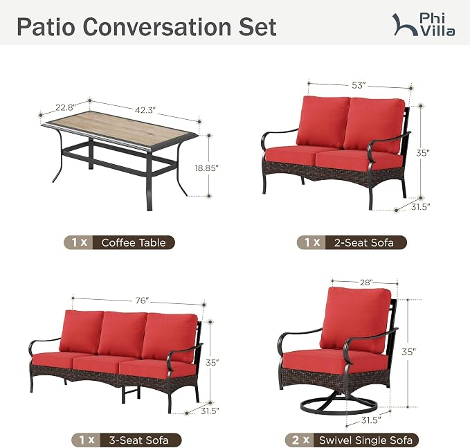 PHI VILLA Outdoor Modern Patio Furniture Set, Upgraded Wicker & Metal Patio Conversation Set with Waterproof Thick Cushions for Porch, Poolside, Yard (5 Pieces,Red)