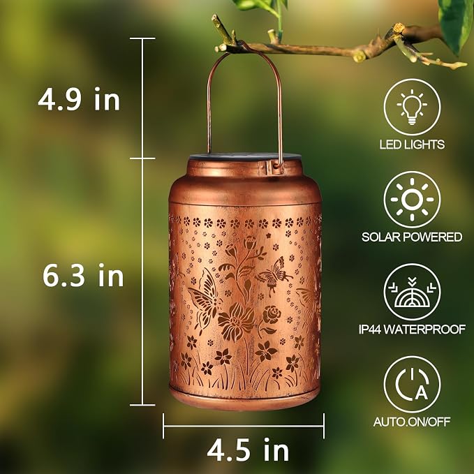 2 Pack Butterflies Solar Lanterns Outdoor Waterproof Garden Decor | Metal Hanging Solar Lights Birthday Gifts for Grandma Mom Solar Decoration Outside for Yard, Patio, Backyard, Porch