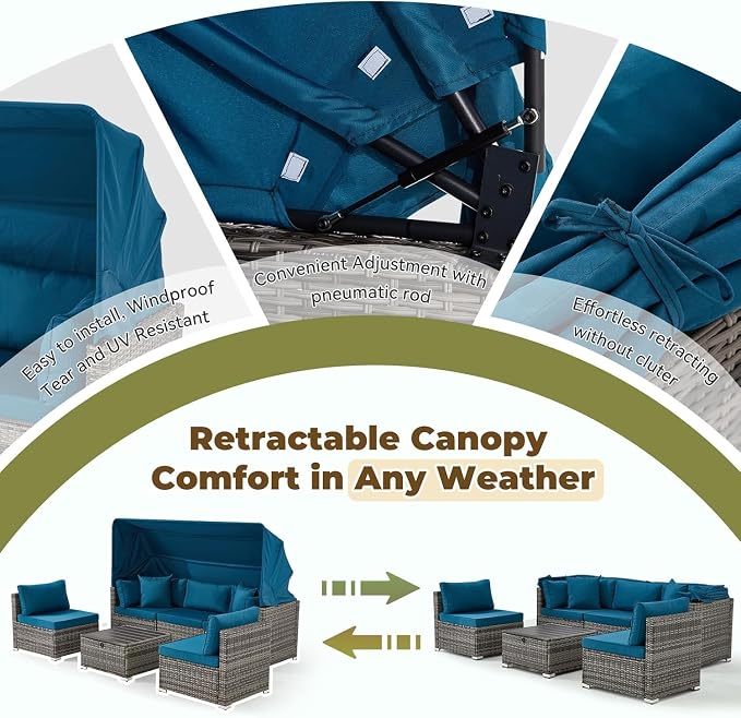 6-Piece Outdoor Patio Furniture Set with Retractable Canopy, Grey Rattan Sectional Sofa with Adjustable Backrest, Conversation Set for Garden Deck Backyard Lounge Area(Green)