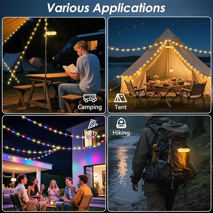 2 Pack Camping String Lights 4 in 1, 8 Modes Rechargeable Fairy Tent Lights | 30s Quick Storage, 32.8FT RGB Retractable Lights, Camping Essential Gear, Waterproof Hanging LED Lantern, Outdoor Party Decor