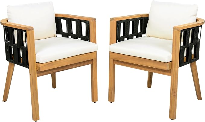 Acacia Wood Round Dining Set - Light Teak Finish Table with Pedestal Slat Legs + 4 Chairs, for Outdoor Patio, Garden, Poolside, Indoor Use - Set of 5, Modern Coastal Style (Style1)