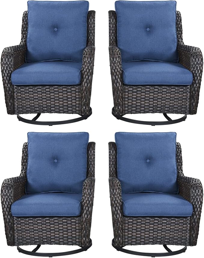 Rilyson Wicker Rocking Chair Swivel Chairs - 4 Piece Rocker Patio Chairs Set Rattan Rocking Chair for Outdoor Porch Deck Garden Backyard(Brown/Blue)