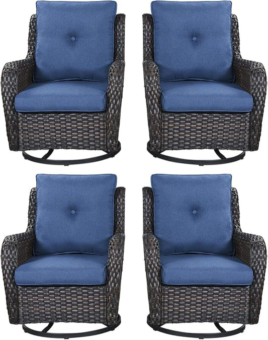 Rilyson Wicker Rocking Chair Swivel Chairs - 4 Piece Rocker Patio Chairs Set Rattan Rocking Chair for Outdoor Porch Deck Garden Backyard(Brown/Blue)