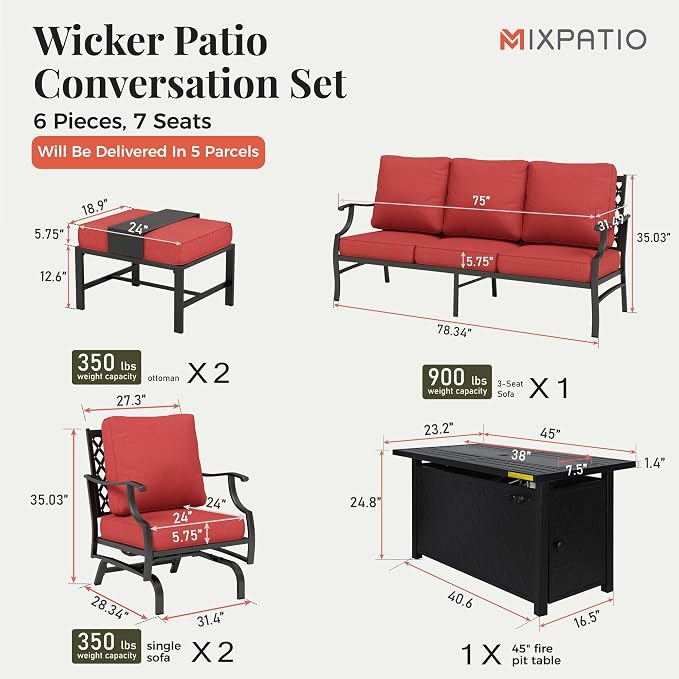 MIXPATIO Patio Furniture Set, 6 Pcs Metal Outdoor Conversation Set, 2 Rocker Chairs, 2 Ottomans and 3 Seater Sofa with 5.75" Extra Thick Cushion and Gas Fire Pit Table, Red