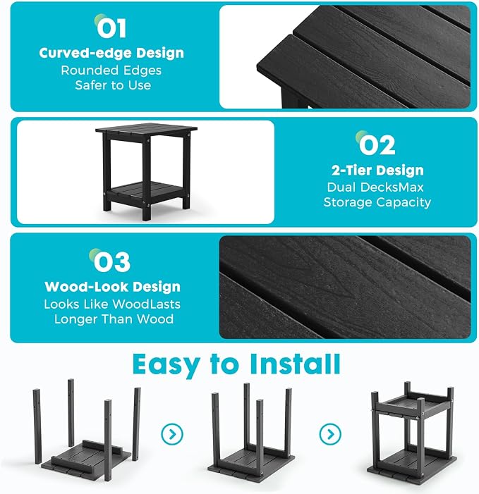Outdoor 2-Tier Square Side Table, Adirondack Weather Resistant Patio End Table, Low Maintenance HDPE Accent Table for Backyard, Pool, Porch, Deck, Black