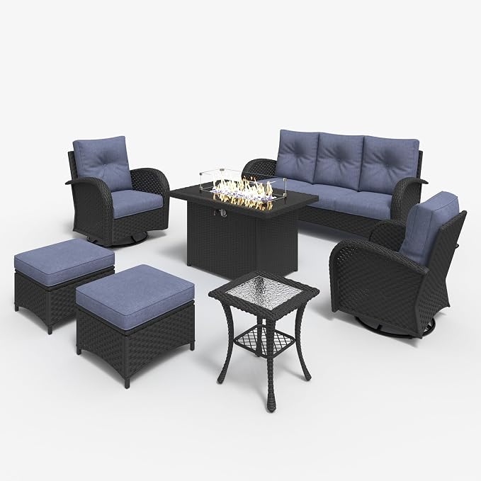 LayinSun 7 Pieces Outdoor Patio Furniture Set with Fire Pit Table, Rattan Wicker Sectional Swivel Rocker Chairs Sets