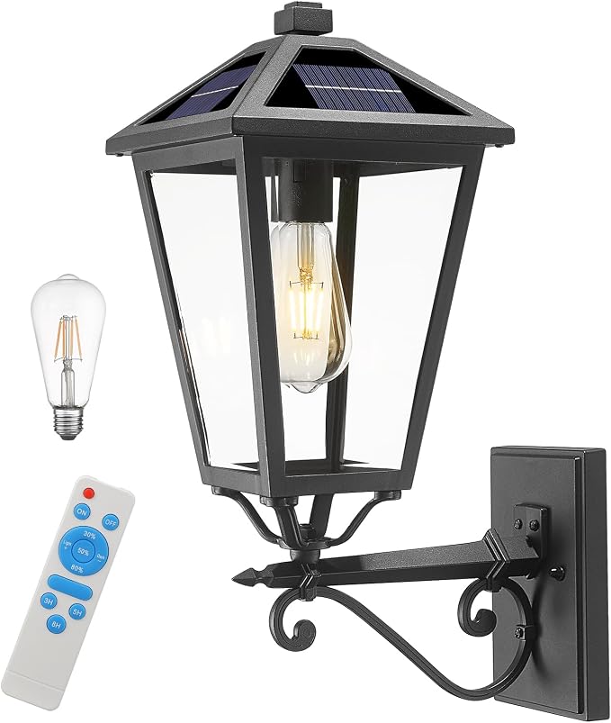 Solar Outdoor Wall Light, 20'' Vintage Lantern-Style Sconce with Remote Control, Alluminum Matte Black Weatherproof Exterior Lighting Front Porch Lights for House Garage Doorway Patio