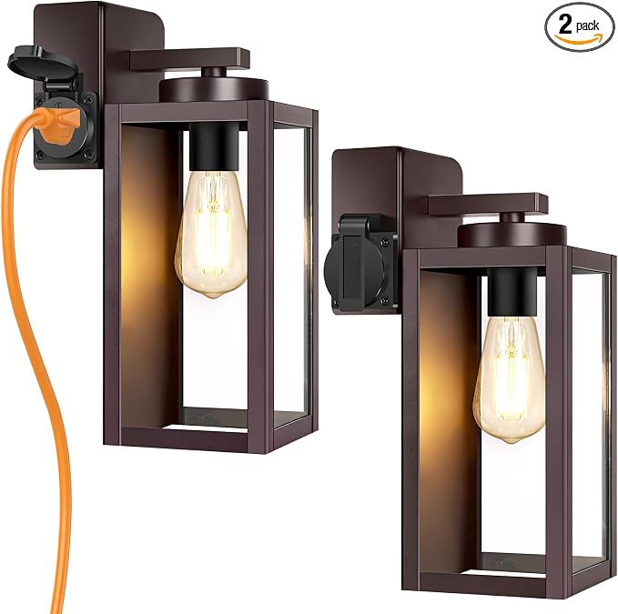 BesLowe Porch Lights with Outlet, Brown Modern Outdoor Wall Light Fixtures | UL-Listed Extra Power Socket, Waterproof, Rust-Resistant, Durable Metal with Clear Glass, Easy to Install