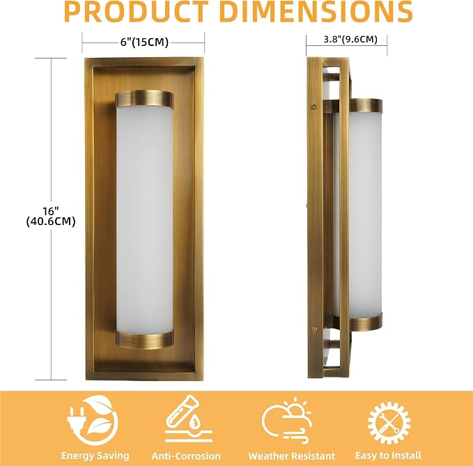 Hyunbae Mid Century Modern Outdoor Wall Sconce, Brushed Antique Brass | 15W Integrated Dimmable LED, 3000K Warm White, For House Patio Porch Garage Entryway Doorway, 16" Exterior Light