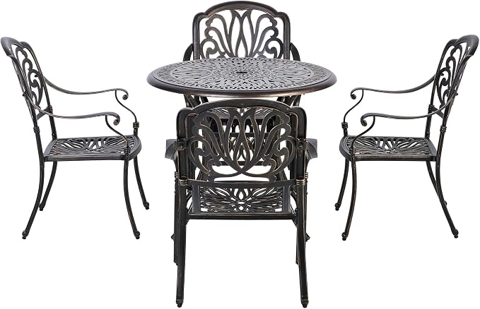 Outsunny 5 Pieces Outdoor Furniture Dining Set for 4, All-Weather Cast Aluminum Stackable Design Chairs and Round Patio Table with Umbrella Hole, for Backyard, Deck, Garden, Bronze