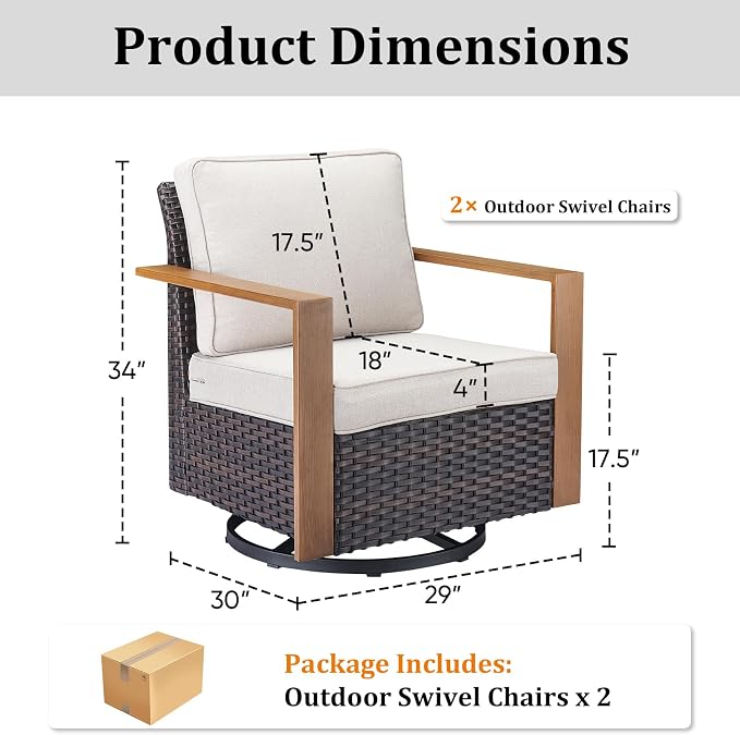 2PCS Outdoor Swivel Patio Chairs Set, All-Weather Wicker Swivel Rocker Chairs with High Back and Deep Seat, Patio Seating for Porch, Deck, Backyard and Poolside Beige