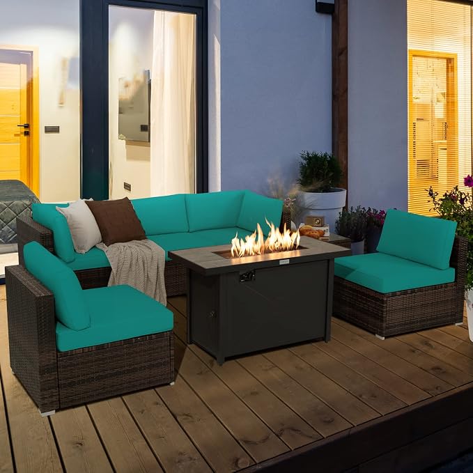 Tangkula 7 Piece Patio Furniture Set with Fire Pit Table, Includes 42 Inches 60,000 BTU Propane Rectangle Fire Pit Table and Protective Cover, Outdoor Cushioned Sectional Sofa Set for 5 (Turquoise)