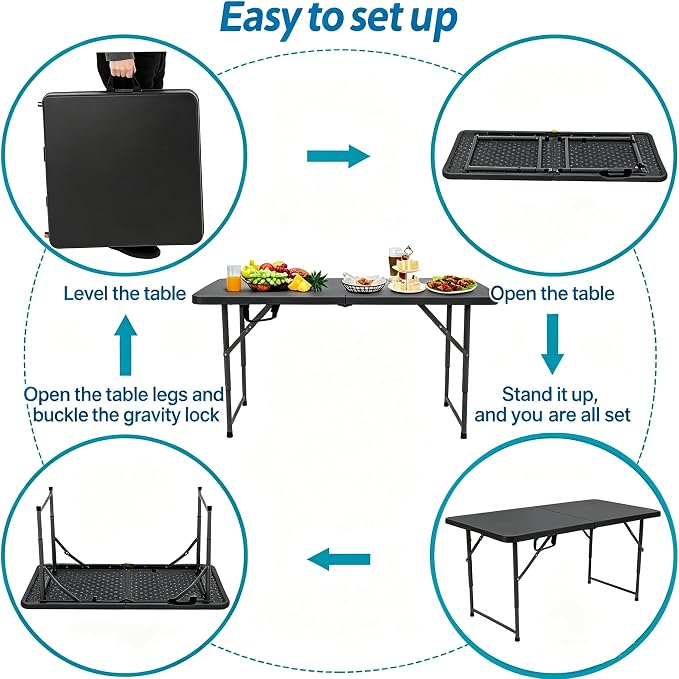 Dkeli Folding Table 4/6 Foot Indoor Outdoor Heavy Duty Plastic Table Portable Fold Up Desk Utility Camping Dining Party Table, Easy to Assemble, White (Black, 4 Foot)