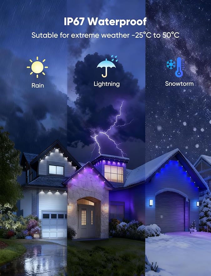 RGBW Permanent Outdoor Lights 200ft, 40LM, with 144 LED Bulbs, Black | IP67 Waterproof, 111 Scene Modes, 2700K Warm White, Music Sync, Individual Control, Eave Lights Compatible with Alexa