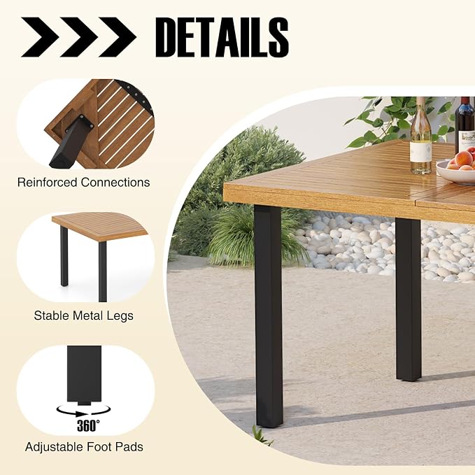 HAPPYGRILL Patio Dining Table for 8, 79" Large Rectangle Table with Acacia Wood Tabletop & Metal Legs, Outdoor Dining Table with 2" Umbrella Hole for Backyard, Lawn & Garden
