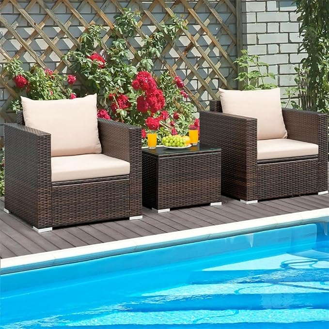 3PCS Patio Rattan Furniture Set Conversation Wicker Sofa W/Cushion Garden