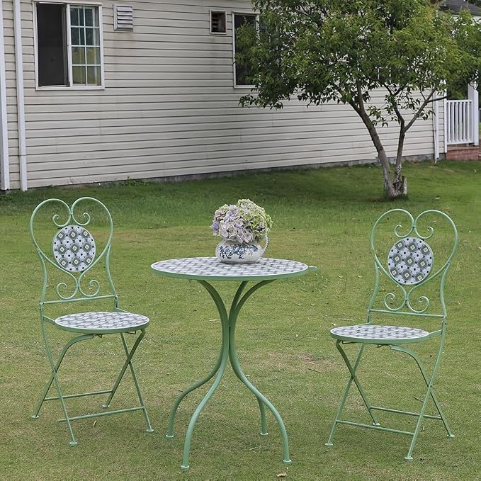 Round Outdoor Side Table Patio Bistro Ceramic Mosaic Patterned Design Tile Top Round Table Outdoor Garden 24 Inch Metal Furniture Dining Table for Yard Balcony Porch Poolside Terrace Green