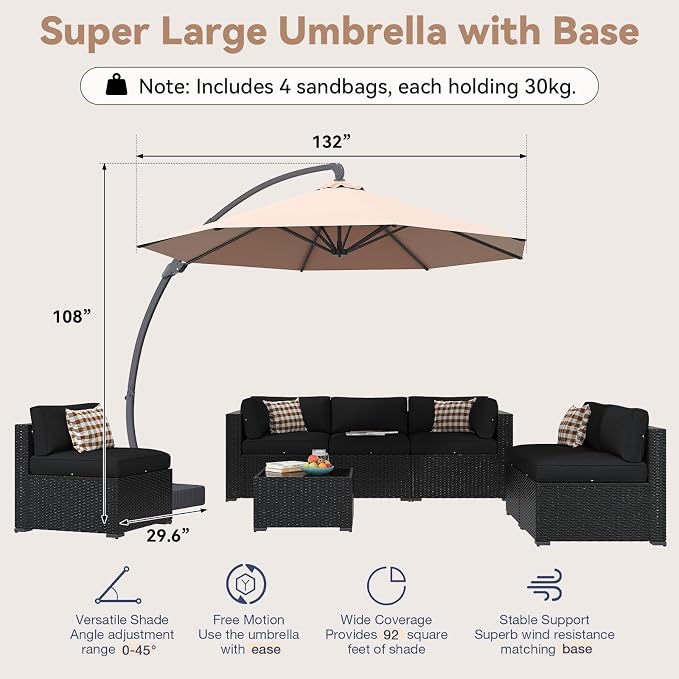 Aoxun Patio Furniture Set with Umbrella, 8 Piece Outdoor Sectional Sofas, Wicker Rattan Outdoor Furniture with Thickened Cushion for Backyard, Garden Black