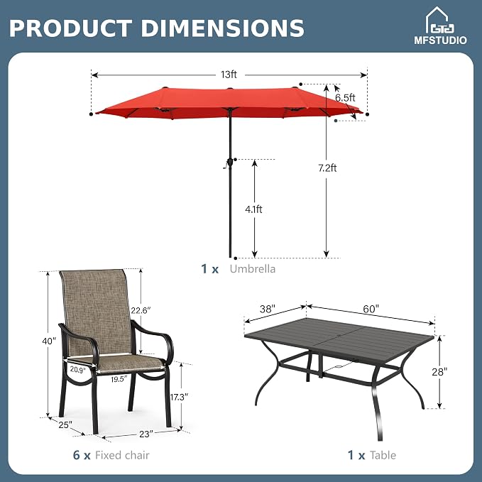 MFSTUDIO Outdoor Dining Set with Umbrella, Patio Dining Set for 6 Persons, Patio Furniture Set with Rectangle Table & Textilene Chairs & Orange Red Umbrella (Base not Included)