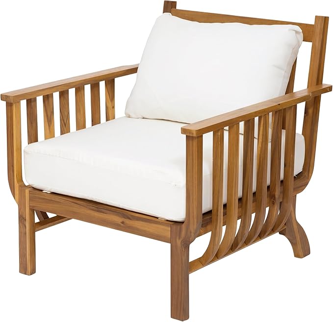 Merax 31.1" Mid-Century Modern Acacia Wood Outdoor Club Chair with Weather-Resistant Cushion, Patio Lounge Chair for Poolside, Deck, Backyard