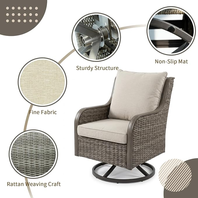 Swivel PE Wicker Chair, Outdoor Patio Chair with 360° Rotation & Water-Resistant Cushion for Porch, Deck, Balcony – All-Weather Handwoven Design (Beige, 1PCS)