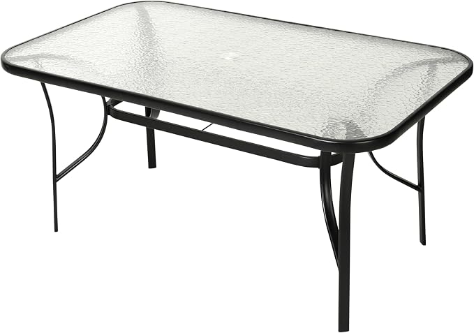 Merrick Lane Bardwell 7-Piece Outdoor Dining Table Set for 6, Glass Top Table with Hole for Umbrella, 6 Breathable Textilene Stackable Patio Chairs, Navy/Black