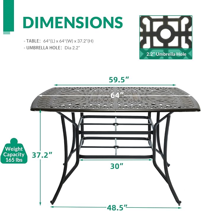 VIVIJASON 64" Square Patio High Bar Table for 8, Outdoor Large High Dining Table with 2.2" Umbrella Hole, Weather-Resistant Patio Dining Table for Deck Garden Backyards, Dark Bronze